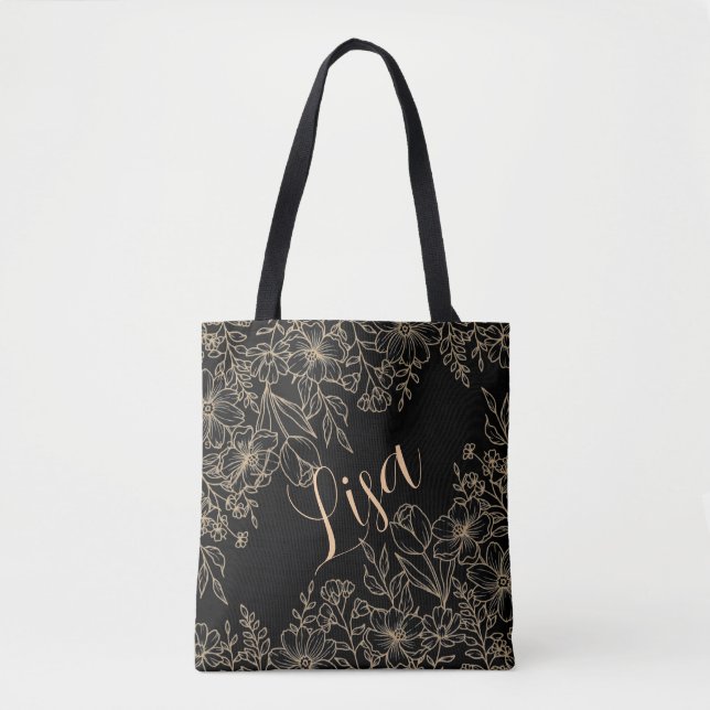 Saco de Tote Preto Personalizado - Floral Dourado (Frente)