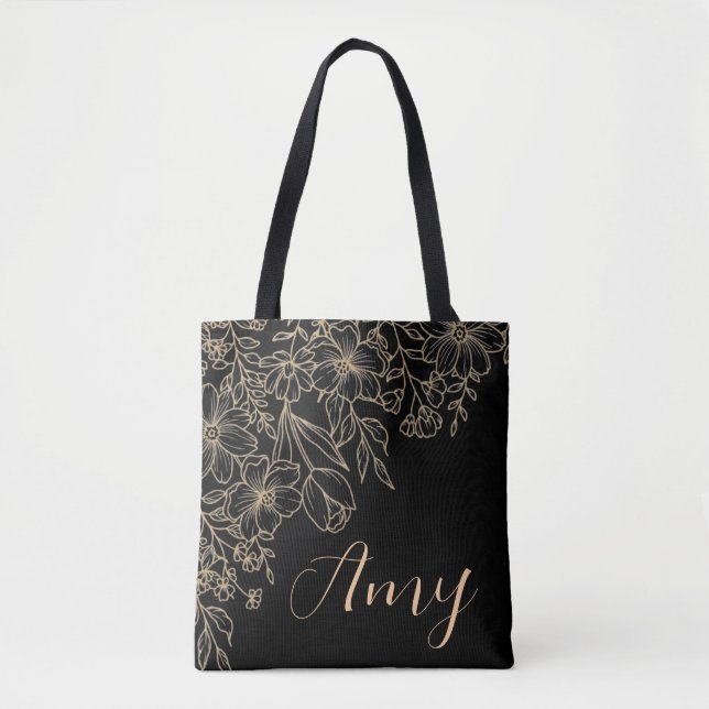 Saco de Tote Preto Personalizado - Floral Dourado (Frente)