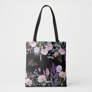 Saco de Tote Preto Personalizado - Mistura Floral