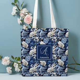 Saco Pessoal Tote Flores Brancas Azuis Elegantes