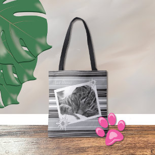 Saco preto e branco de tote com foto de gato