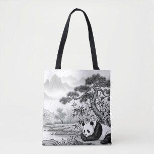 Saco Tote AOP Pagode Panda Zen Pintura a Tinta Tra