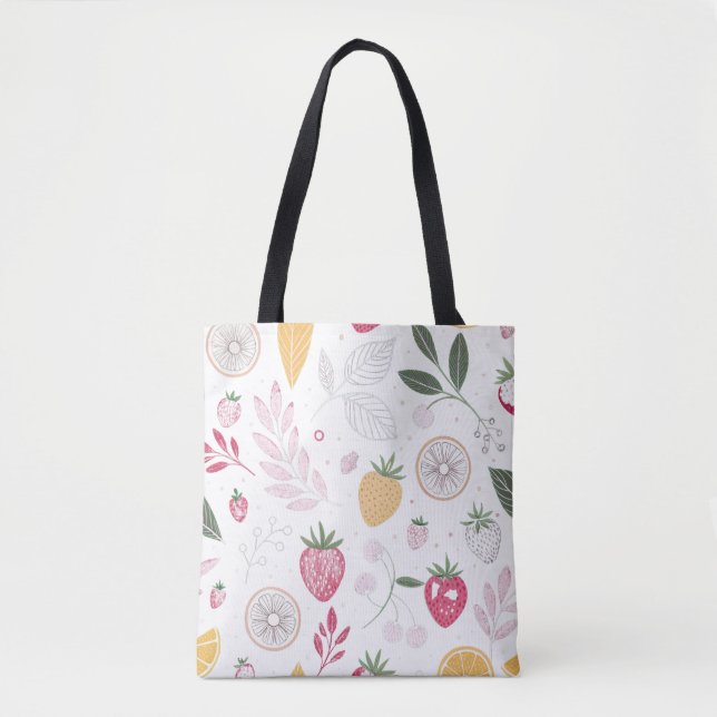 Saco Tote Botânico de Morango & Limão em Aquarela (Frente)