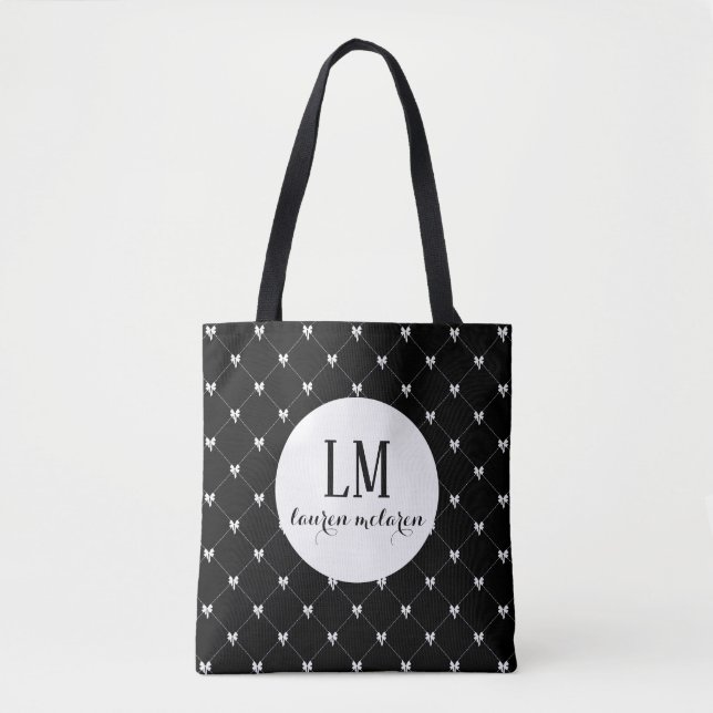 Saco Tote com Laço em Script Monograma – Preto e B (Frente)