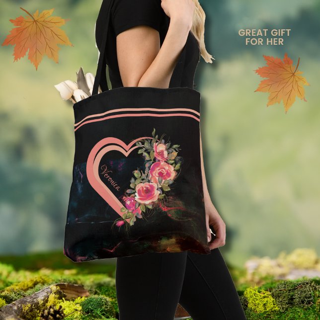 Saco Tote Coração Rosa com Rosas (Pink Heart with Roses Tote)