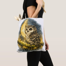 Saco Tote de Coruja em Aquarela Caprichosa na Lua