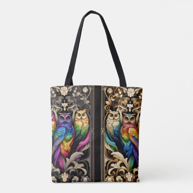Saco Tote de Corujas Arco-Íris Art Déco (Verso)
