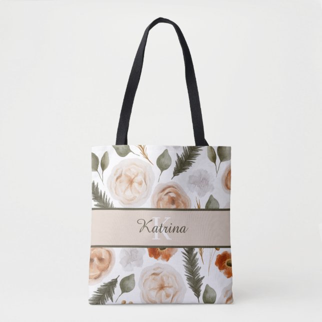 Saco Tote de Flores em Aquarela com Monograma Pêss (Frente)