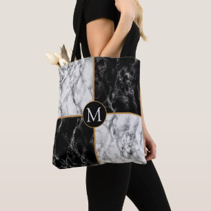 Saco Tote de Mármore Preto e Branco com Letra Pers