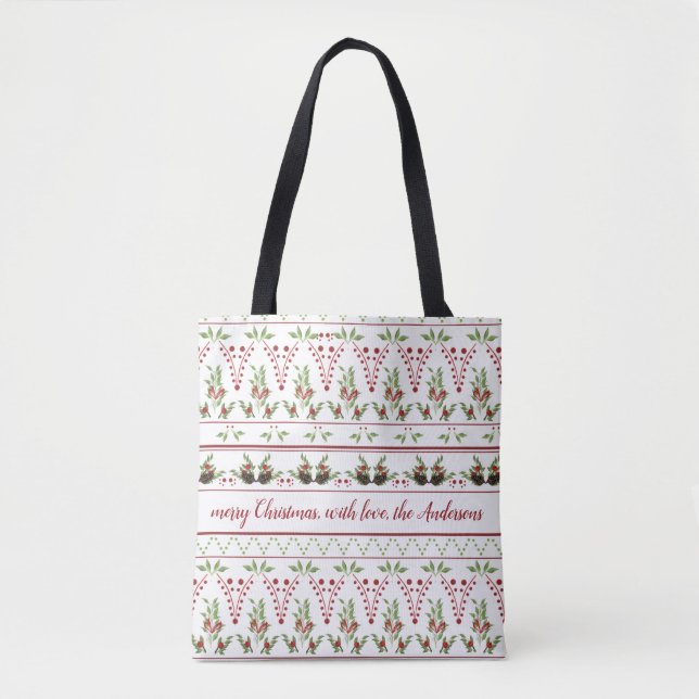 Saco tote de pinhas e bagas com texto (Frente)