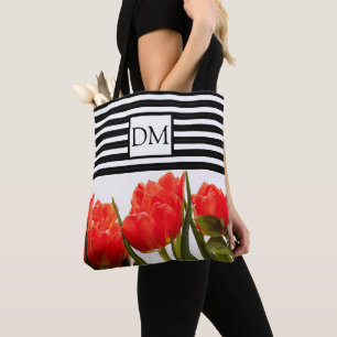 Saco Tote de Tulipas Vermelhas com Listras Pretas
