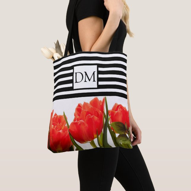 Saco Tote de Tulipas Vermelhas com Listras Pretas  (Close Up)