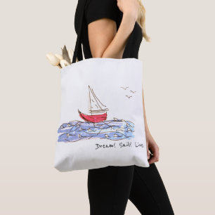Saco Tote Esboço de Gaivotas Barco Mar Sonho Naveg