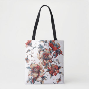 Saco Tote Floral Vermelho e Azul Elegante Vintage