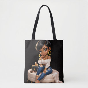 Saco Tote Ilustração de Mulher Preta Chic –