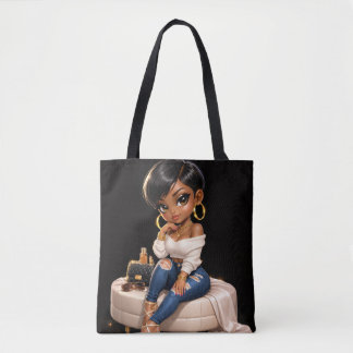 Saco Tote Ilustração de Mulher Preta Chic –