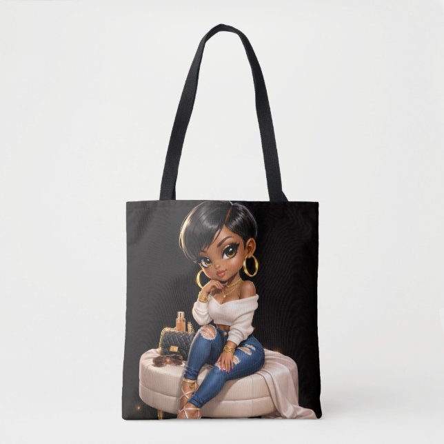 Saco Tote Ilustração de Mulher Preta Chic –  (Frente)