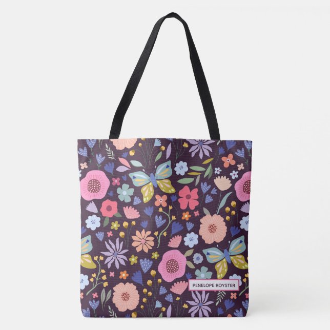 Saco Tote Nome Floral & Ameixa (Frente)
