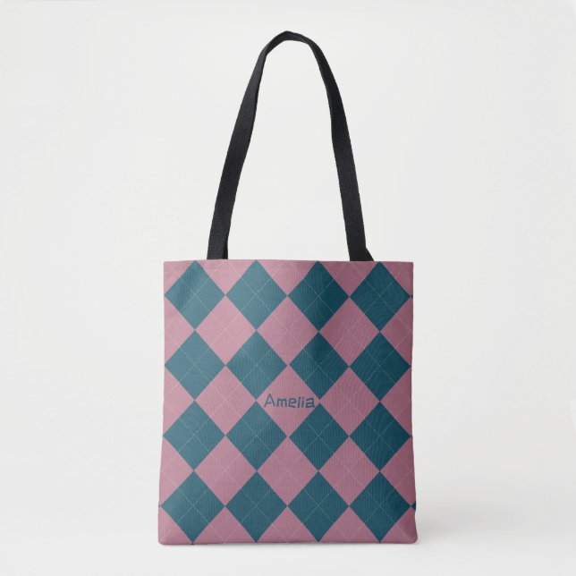 Saco tote padrão argyle nome azul oceano rosa (Frente)