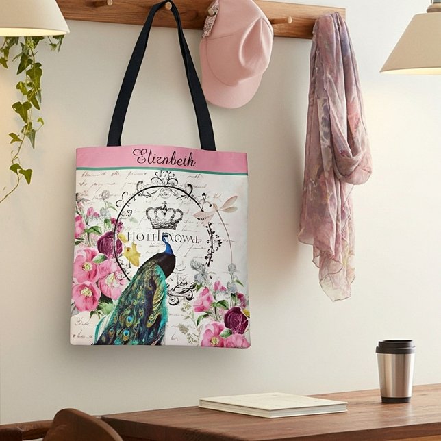 Saco tote personalizado de pavão e flores da prima (Criador carregado)