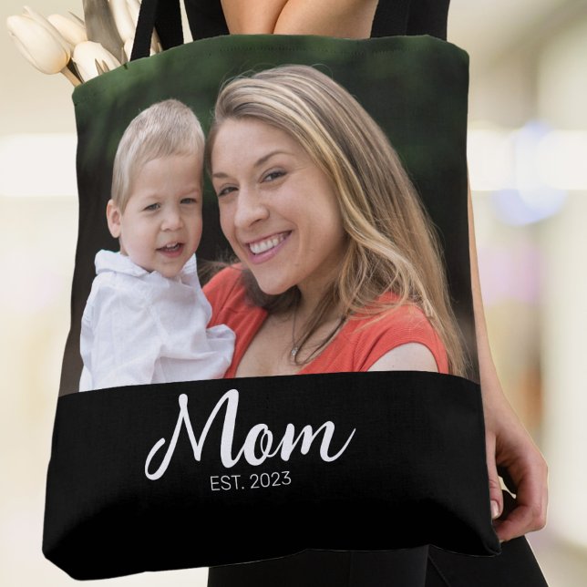 Saco Tote Preto com Rótulo Estabelecido pela Mamãe (Criador carregado)