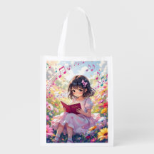 Anime Girl Reading  in Flowers and Musical Notes