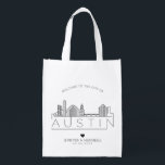 Sacola Ecológica Austin, Texas Wedding | Linha Skyline Estilizada<br><div class="desc">Um saco de casamento único para um casamento acontecendo na bela cidade de Austin,  Texas. Esta bolsa apresenta uma ilustração estilizada do horizonte único da cidade com seu nome embaixo. Esta é seguida pelas informações do dia do casamento em um estilo aberto igual.</div>