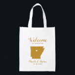 Sacola Ecológica Bag de Boas-vindas do Arkansas Map Wedding, Dourad<br><div class="desc">Saco de presentes de boas-vindas para convidados fora da cidade para o seu casamento,  apresentando a imagem de Arkansas,  com coração que você pode colocar no local exato. Preencha a bolsa com seus doces favoritos.</div>