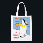 Sacola Ecológica Bolsa de compra Hanukkah Penguin<br><div class="desc">Hanukkah Penguin, saco branco de dois lados. Todos os elementos design podem ser editados. Todo o texto editável pode ser excluído e substituído por sua própria mensagem. Use a cor, o tamanho e o estilo da sua fonte favorita. Feliz Hanukkah/Chanukah! Estilo: Bag Reutilizável Vá verde e salve o planeta com...</div>