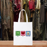 Sacola Ecológica Design do Costume de Amor de Paz<br><div class="desc">Design de Figuras de Paz e Amor Bolsa de compra Reutilizável. Um presente de designer de fantasias fofo para alguém que trabalha em cinema ou teatro para escolher roupas para os atores no set.</div>