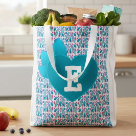 Sacola Ecológica Folhas de Azul Teal Monograma Com Coração