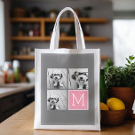 Sacola Ecológica Monograma Personalizado de Colagem de Fotos do Ins<br><div class="desc">Cor-de-rosa moderno Pastel e Cinzas - Use 3 fotos quadradas para criar um presente exclusivo e pessoal. Ou você pode ficar com o filhote hipster e fazer uma moda. Se precisar ajustar as fotos,  clique na ferramenta personalizar para fazer alterações.</div>