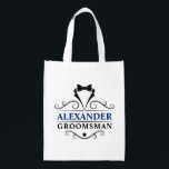 Sacola Ecológica Padrinho de casamento Preto Torre Azul Branco Reut<br><div class="desc">Padrinho de casamento Negra De Casamento - Saco De Tota Reutilizável - Texto Azul Marinho</div>