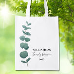 Sacola Ecológica Reunião Moderna da Família Eucalyptus Elegante<br><div class="desc">Essa Bolsa de compra Reutilizável da Reunião Familiar é decorada com tipografia elegante e uma na moda de aquarela eucalyptus sprig. Facilmente personalizável. Use a Ferramenta Design para alterar o tamanho, o estilo ou a cor do texto. Porque nós criamos a nossa trabalho de arte, você não encontrará esta imagem...</div>