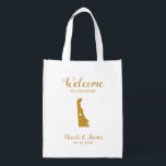 Sacola Ecológica Saco de Boas-vindas do Mapa Delaware, Dourado Saco<br><div class="desc">Saco de presentes de boas-vindas de fim de semana para convidados fora da cidade para o seu casamento,  com a imagem de Delaware,  com coração,  você pode colocar no local exato. Preencha o bolsa com seus guloseimas favoritos.</div>
