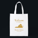 Sacola Ecológica Virginia Map Wedding Bag, Tote Bag Dourada<br><div class="desc">Saco de presentes de boas-vindas para convidados fora da cidade para o seu casamento,  com a imagem de Virginia,  com o coração que você pode colocar no local exato. Preencha a bolsa com seus doces favoritos.</div>