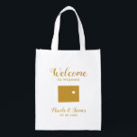 Sacola Ecológica Wyoming Wedding Bag de Boas-vindas com Mapa, Doura<br><div class="desc">Saco de presentes de boas-vindas de fim de semana para convidados fora da cidade para o seu casamento,  apresentando a imagem de Wyoming,  com coração que você pode colocar no local exato. Preencha o bolsa com seus guloseimas favoritos.</div>