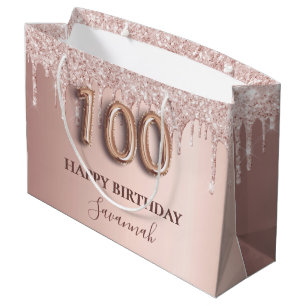 Sacola Para Presentes Grande 100º aniversário rosa dourado borrão rosa