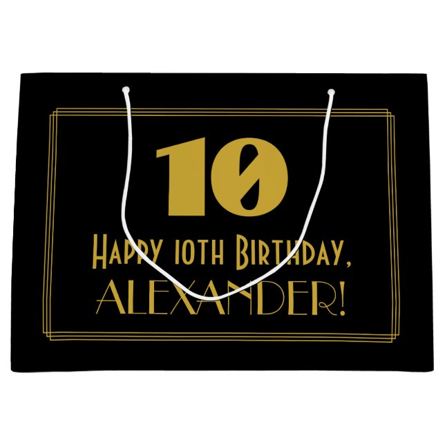 Sacola Para Presentes Grande 10.º aniversário — Art Deco Inspirou "10" & Nome (Frente)