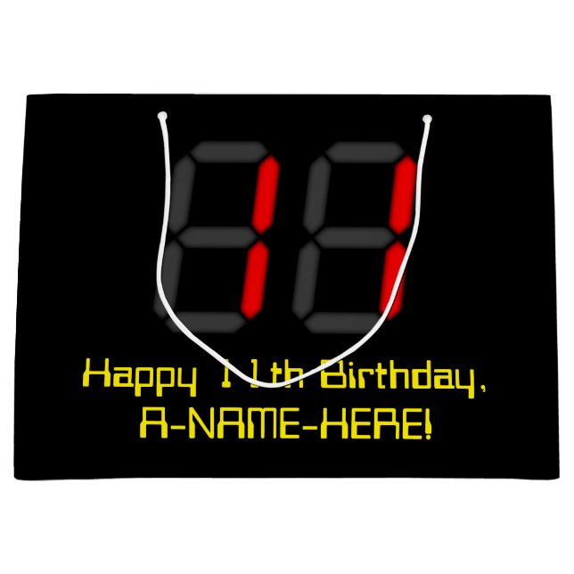 Sacola Para Presentes Grande 11 Aniversário: Estilo de Relógio Digital Vermelho (Frente)