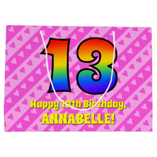 Sacola Para Presentes Grande 13 Aniversário: Riscos e Corações Rosa, Arco-Íris 