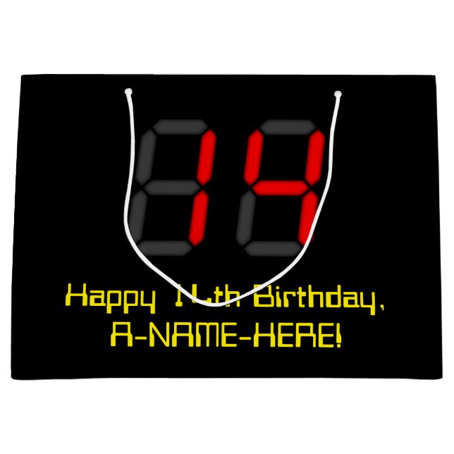 Sacola Para Presentes Grande 14 Aniversário: Estilo de Relógio Digital Vermelho (Frente)