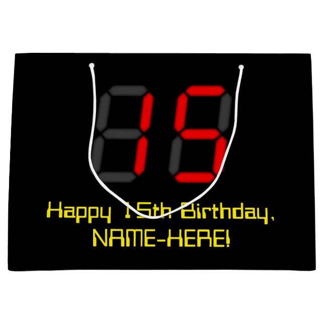 Sacola Para Presentes Grande 15 Aniversário: Estilo de Relógio Digital Vermelho (Frente)