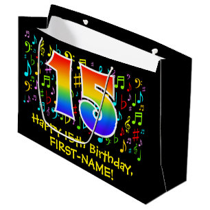 Sacola Para Presentes Grande 15 Birthday - Símbolos Musicais Coloridos, Rainbo
