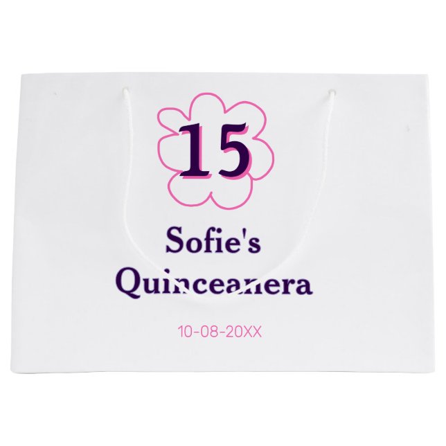 Sacola Para Presentes Grande 15 quinceanera feliz aniversário rosa púrpura (Frente)