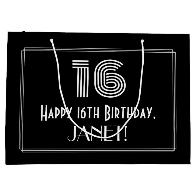 Sacola Para Presentes Grande 16.o aniversário — Art Deco Inspirou "16" & Nome (Verso)