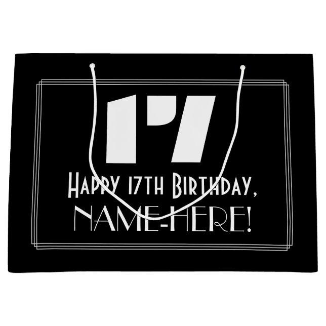 Sacola Para Presentes Grande 17º Aniversário ~ Arte Deco Inspirou "17" + Nome (Frente)