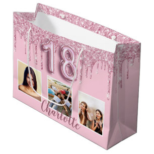 Sacola Para Presentes Grande 18.º aniversário borrão cor-de-rosa com brilho pia