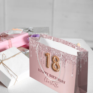 Sacola Para Presentes Grande 18.º aniversário, pincelada, pia-rosa, pingava mon