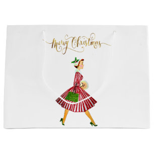Sacola Para Presentes Grande 1950 Natal vintage mulher Feliz Natal